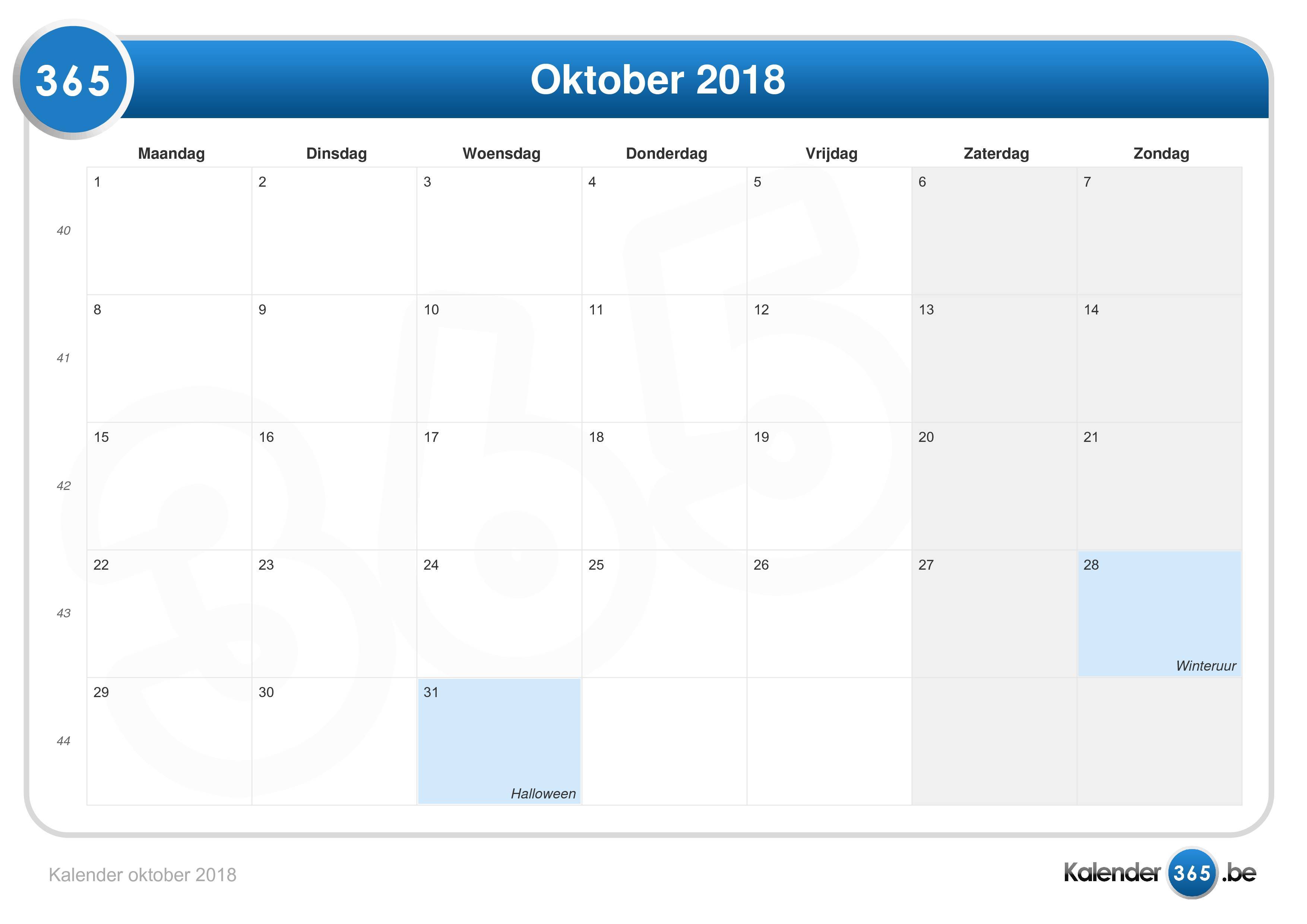 Kalender oktober 2018